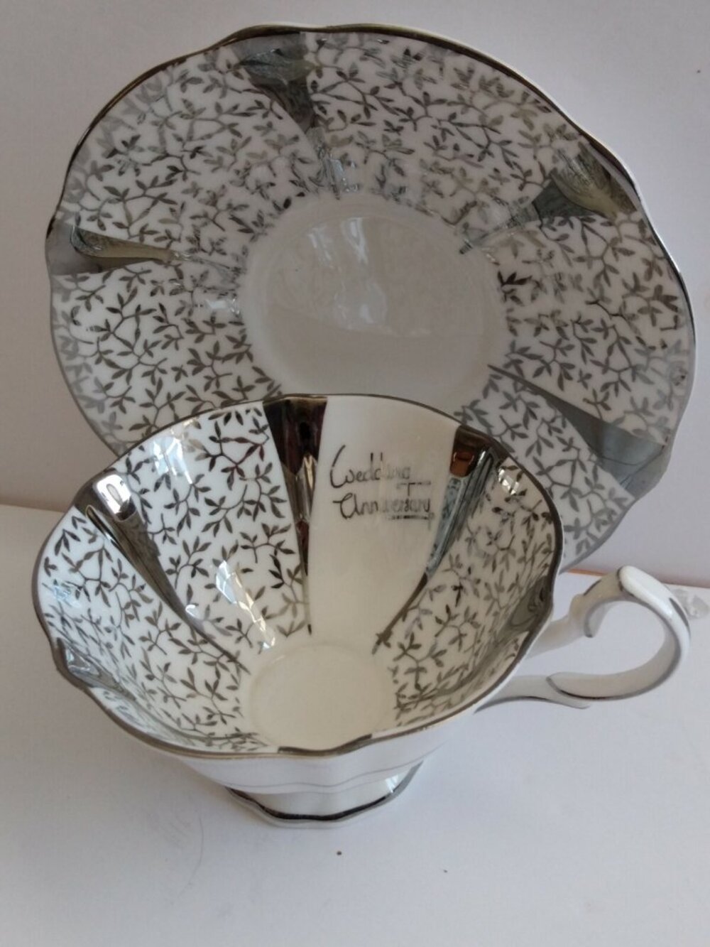 Queen Anne Silver Lace Bone China Cup and Saucer Wedding Anniversary